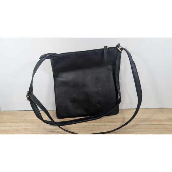 Black Faux Leather Crossbody Bag with Front Buckle Pocket & Adjustable Strap - Picture 2 of 4